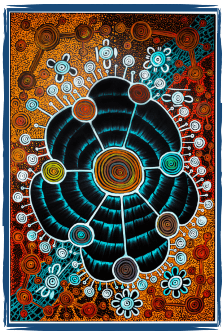 A painting of an abstract design with circles and dots.